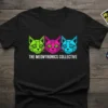 The Meowtronics Collective text with three geometric cat heads in neon green, pink, and blue on a black t-shirt