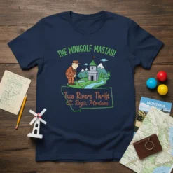Navy blue t-shirt featuring a cartoon golfer, castle, and the text "The Minigolf Mastah! St. Regis Montana"