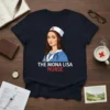The Mona Lisa Nurse T-Shirt design featuring a depiction of the Mona Lisa in nurse attire with text "THE MONA