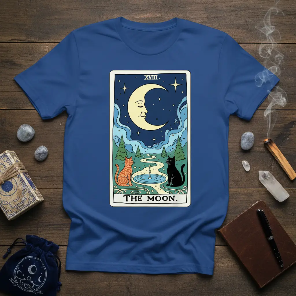 The Moon Tarot Card Cats creative illustration printed on soft premium material creating a standout t-shirt
