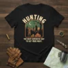 Hunting t-shirt with text "The Most Expensive Way To Get Free Meat", featuring a hunter aiming rifle at a deer