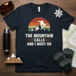 T-shirt with "The Mountain Calls And I Must Go" text, a snowboarder silhouette, and a retro mountain sunset graphic