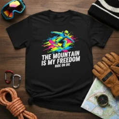Black t-shirt with "The Mountain Is My Freedom Ride or Die" quote and a dynamic snowboarder graphic