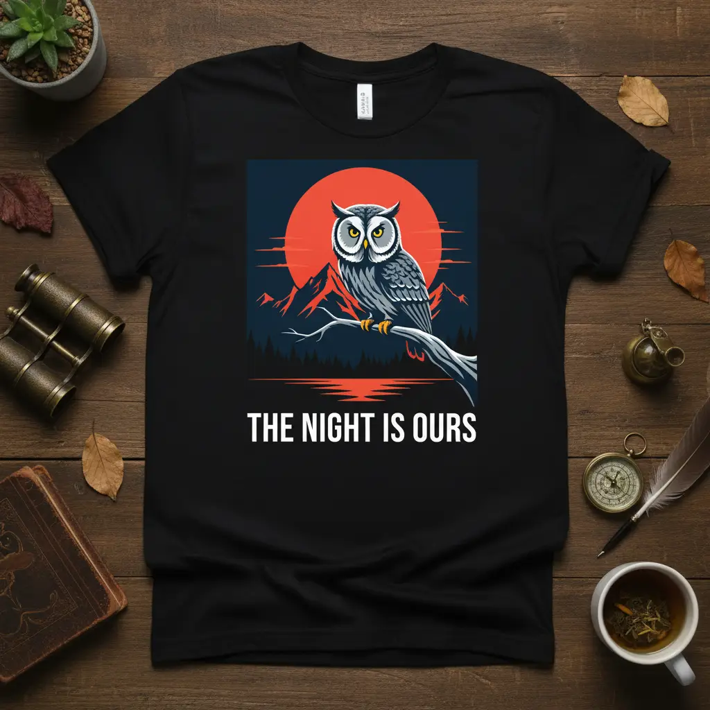 The Night Is Ours text with an owl graphic on a black t-shirt, featuring a moonlit mountain landscape