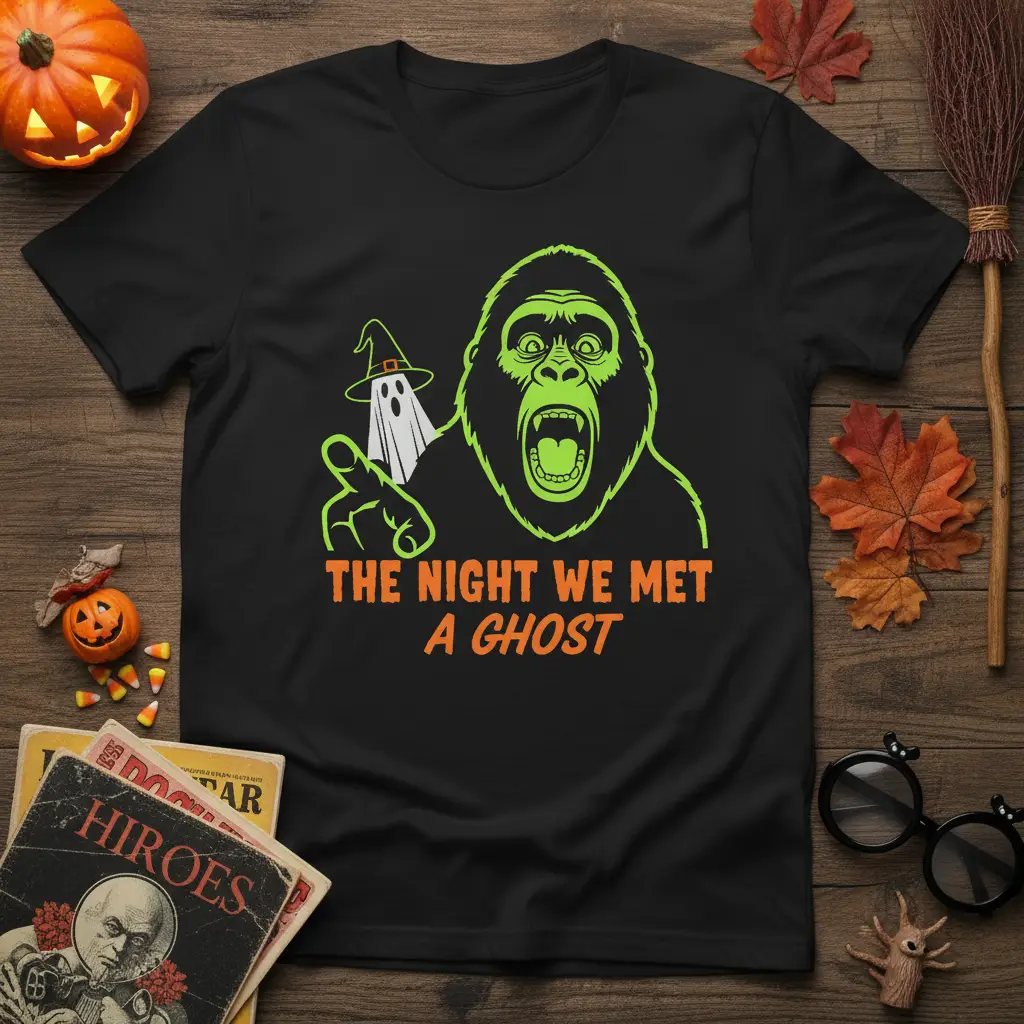 The Night We Met A Ghost quote design with a roaring gorilla and a ghost in a witch hat
