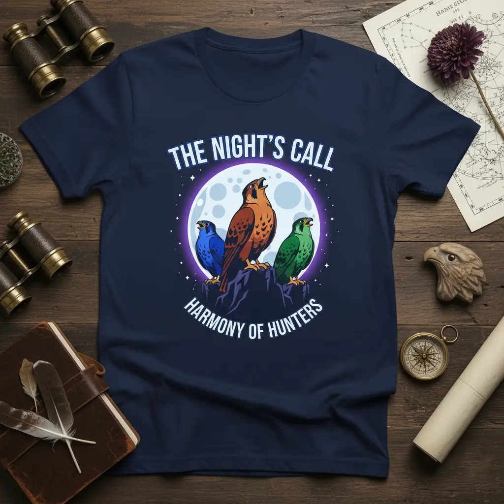 The Night's Call Harmony of Hunters text and falcon graphic on a dark t-shirt design