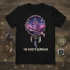 The Night's Guardian t-shirt design featuring a purple owl on a branch with a dreamcatcher and starry night sky