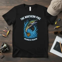 The Northern Pike Freshwater Predator t-shirt design with a leaping fish graphic and bold text