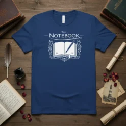 The Notebook T-Shirt featuring a vintage open book and quill design, perfect for writers and readers