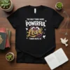 Black t-shirt with "The Only Thing More Powerful Love Than Hate Is" quote, featuring heart graphics and doves