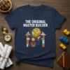 The Original Master Builder quote on a navy t-shirt with a graphic of a man holding the Earth surrounded by