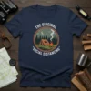 The Original "Social Distancing" text on a navy t-shirt with a vintage camping scene graphic featuring a tent and campfire