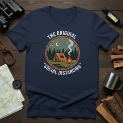 The Original "Social Distancing" text on a navy t-shirt with a vintage camping scene graphic featuring a tent and campfire