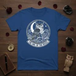 The Owl Of The Roses t-shirt design with a detailed owl, crescent moon, and rose graphics