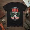 The Path Less Taken t-shirt with a 4x4 vehicle climbing a mountain road, surrounded by trees and clouds