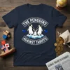 The Penguins Against Tariffs T-Shirt featuring three penguins on an ice floe with pixelated blue hearts