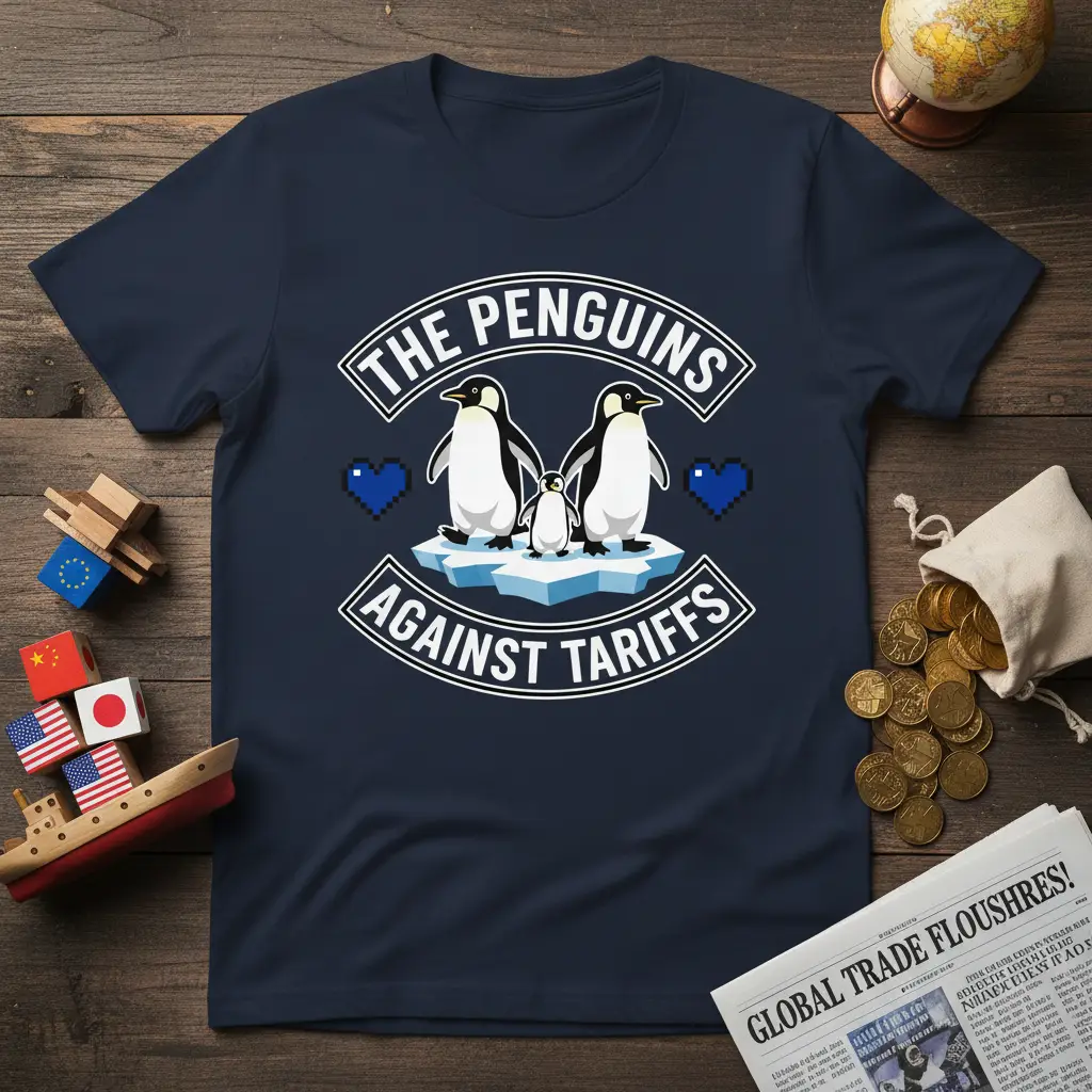 The Penguins Against Tariffs quote with three penguins on ice, symbolizing protest against trade policies