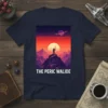 The Peric Walide text on a t-shirt with a silhouette standing on a mountain overlooking a sunset on an alien
