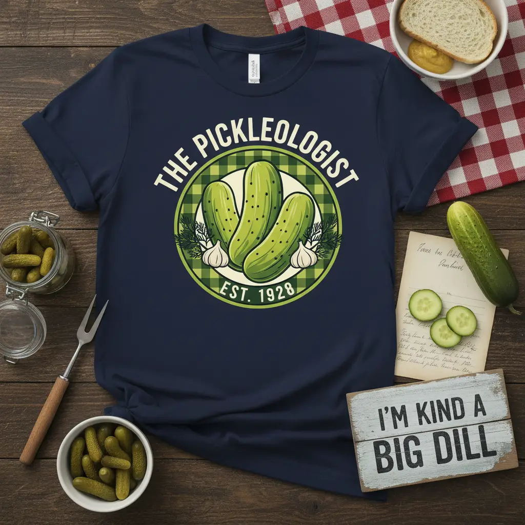 The Pickleologist Est 1928 design with dill pickles and garlic graphic on a navy blue t-shirt