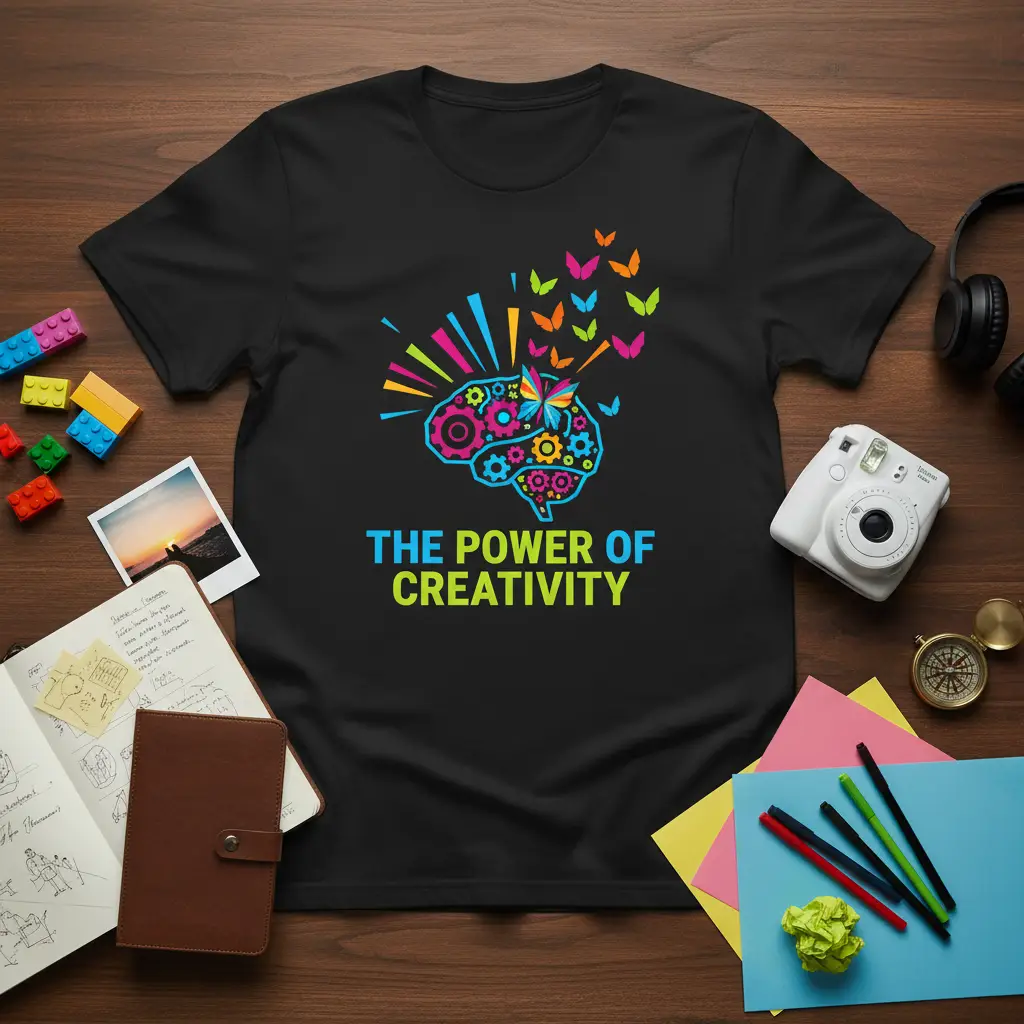 The Power of Creativity t-shirt design with a colorful brain graphic and flying butterflies, symbolizing imagination and innovation