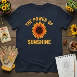 Navy t-shirt featuring "THE POWER OF SUNSHINE" text above a large sunflower graphic