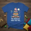 The Princess and the Pea t-shirt design featuring a princess on a stack of pillows with text "The Princess and