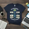 Navy t-shirt displaying "The Professional Flowchart Of Answers" with humorous tech support steps and diagrams