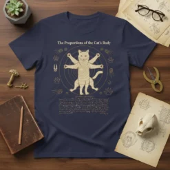 The Proportions of the Cat's Body t-shirt design featuring a cat in Vitruvian pose with anatomical sketches