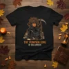 The Pumpkin King Of Halloween t-shirt design featuring a pumpkin grim reaper on a throne of books, holding a scythe