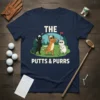 The Putts & Purrs t-shirt design featuring three cats playing golf, with text "THE PUTTS & PURRS" and "THE" above
