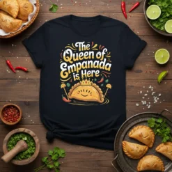 Black t-shirt with "The Queen of Empanada is Here" text and a cute empanada graphic wearing a crown