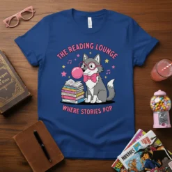 The Reading Lounge Where Stories Pop T-Shirt with a wolf blowing bubblegum, sitting on books