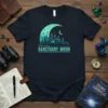 T-shirt design featuring the text "The Rise and Fall of Sanctuary Moon" above a futuristic cityscape and a crescent moon