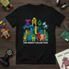 Black t-shirt featuring "The Robot Collection" text below a colorful cityscape with various cartoon robots