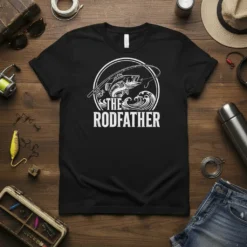 The Rodfather t-shirt design with a bass fish jumping from a fishing rod and waves