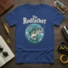 The Rodfather fishing t-shirt with a leaping bass graphic and fishing rod, designed for dads who love to fish