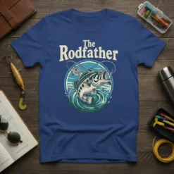 The Rodfather fishing t-shirt with a leaping bass graphic and fishing rod, designed for dads who love to fish