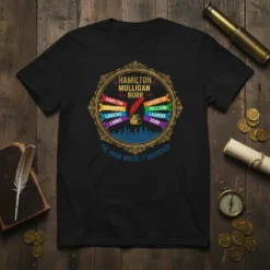 The Room Where It Happened Hamilton musical tee featuring character names and a quill design