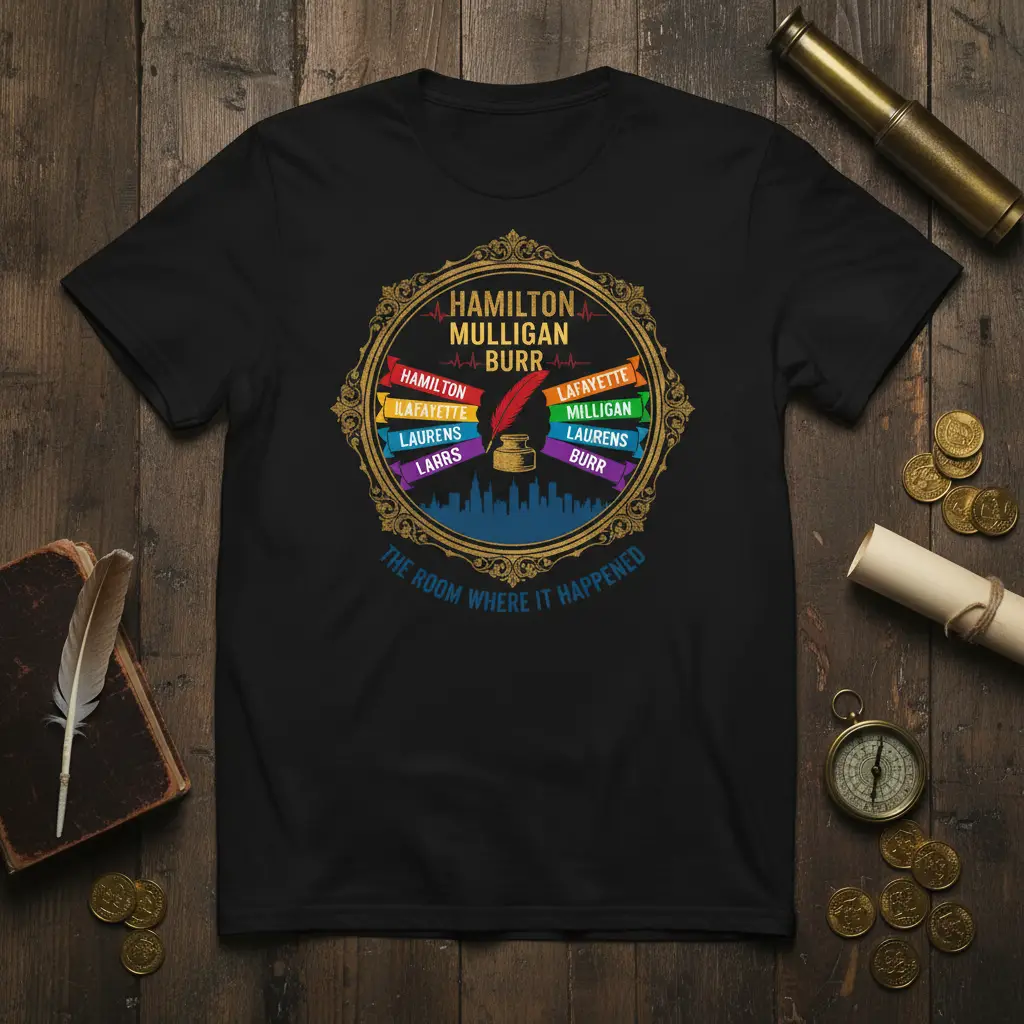 The Room Where It Happened quote from Hamilton musical with character names and quill graphic