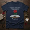 The Rose That Grew From Concrete Crowned By Thorns text design with a red rose sprouting from cracked concrete