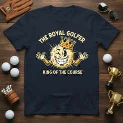 The Royal Golfer King Of The Course T-Shirt with a cartoon golf ball wearing a crown and winking