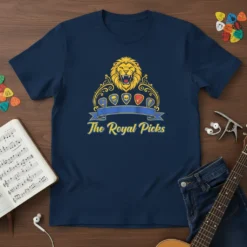 The Royal Picks T-Shirt design featuring a lion crest and guitar picks, perfect for musicians
