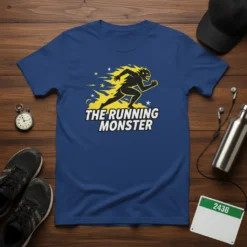 The Running Monster t-shirt design featuring a black monster figure with yellow fiery mane running, stars, and bold white text