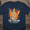 The Scream Cat Version text with a distressed orange cat mimicking Edvard Munch's painting, vibrant background on a navy t-shirt