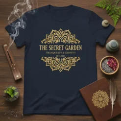 Navy blue t-shirt featuring "The Secret Garden Tranquility & Growth Est. 2024" in a golden mandala design