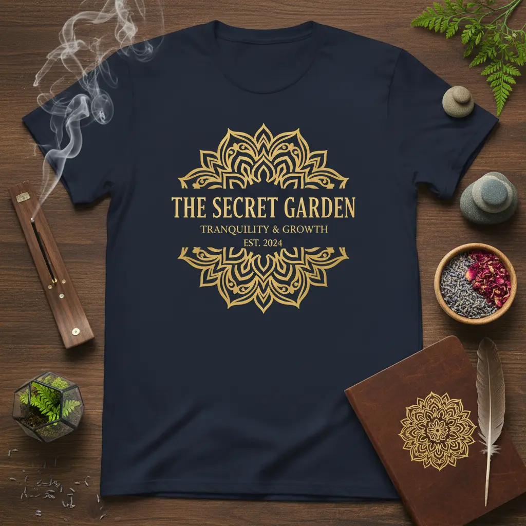 The Secret Garden Tranquility & Growth text with golden mandala design on a navy t-shirt