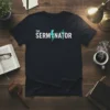 Black t-shirt with "THE SERMINATOR" text in white and teal, featuring a lightning bolt and a cross graphic