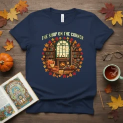 The Shop on the Corner t-shirt design featuring a cozy reading nook with bookshelves, fireplace, and autumn leaves