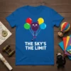 Blue t-shirt with white text "THE SKY'S THE LIMIT" and a cartoon cat in a hot air balloon made of