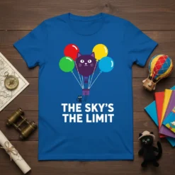 Blue t-shirt with white text "THE SKY'S THE LIMIT" and a cartoon cat in a hot air balloon made of